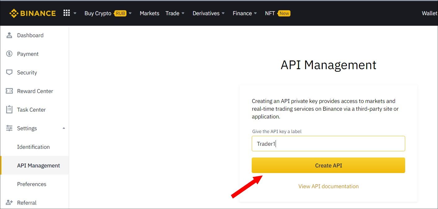 Instruction for creating an API key for trading futures on the Binance